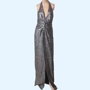 HALSTON Heritage Silver Sequin Halter Deep V-Neck Maxi Dress Gown